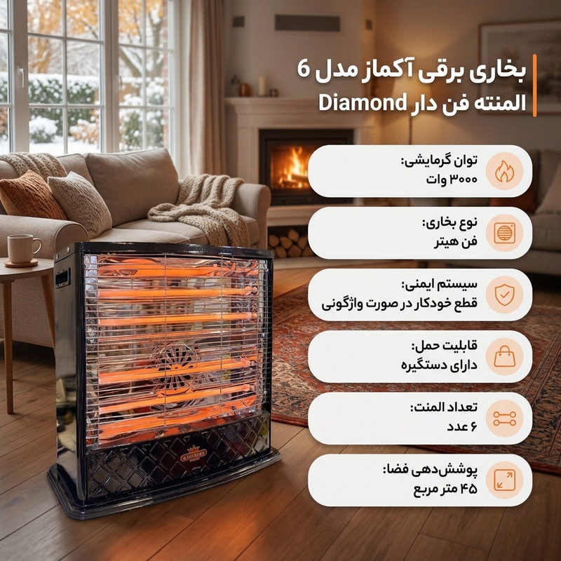 بخاری برقی آکماز طرح فن دار مدل 6 المنته K60 دیاموند