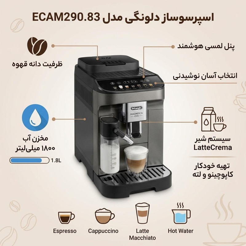 اسپرسوساز خانگی 1800 میلیلیتری دلونگی مدل ECAM290.83، تمام اتوماتیک با مصرف دانه قهوه، مناسب تهیه اسپرسو، کاپوچینو و ریسترتو، دارای 2 عدد نازل قهوه، آسیاب قهوه، سیستم گرم کردن فنجان، مکانیزم نظافت خودکار، سینی چکه گیر