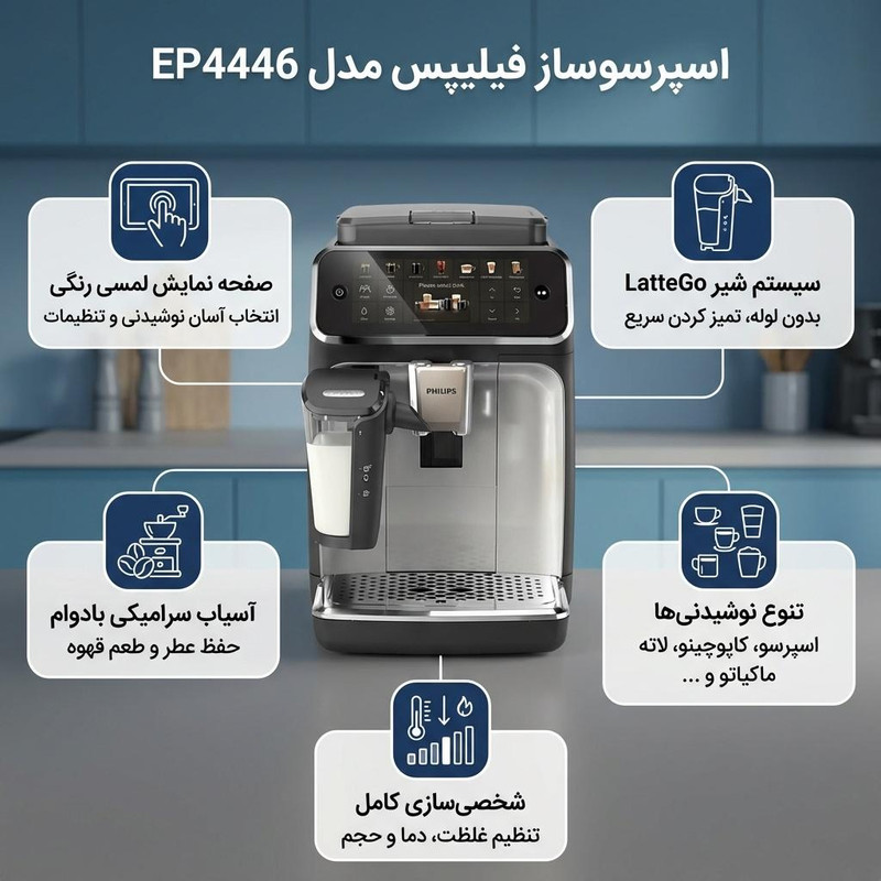 اسپرسوساز فیلیپس مدل EP4446، مناسب تهیه اسپرسو و کاپوچینو، دارای 2 عدد نازل قهوه، آسیاب قهوه، حالت آماده به کار، سیستم pre-infusion، سینی چکه گیر، مکانیزم نظافت خودکار