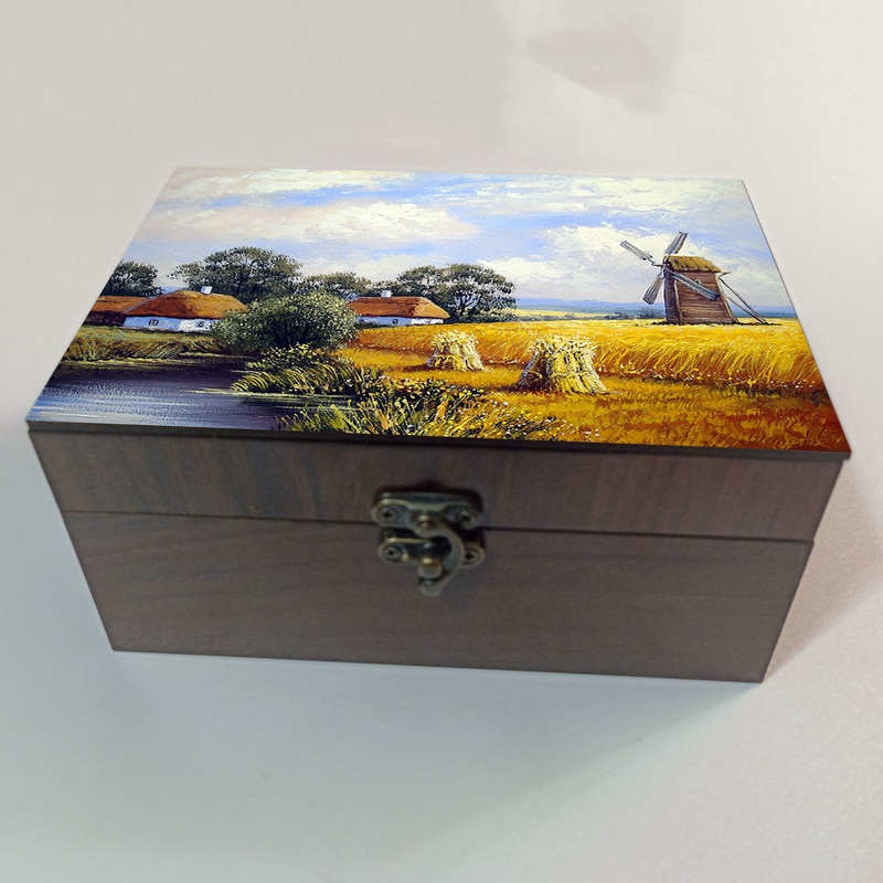 جعبه هدیه چوبی مدل J002 طرح نقاشی منظره مزرعه و کلبه و آسیاب بادی