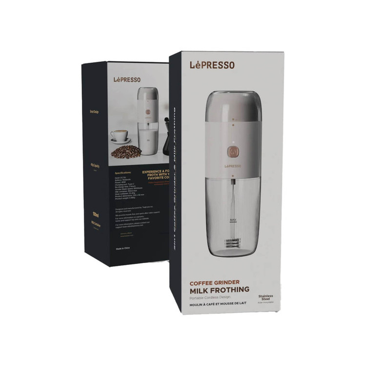 قهوه ساز لپرسو مدل دستگاه دو کاره فوم ساز شیر و آسیاب قهوه لپرسو مدل LePresso LPMFGRWH 2IN1 Portable Milk Frother