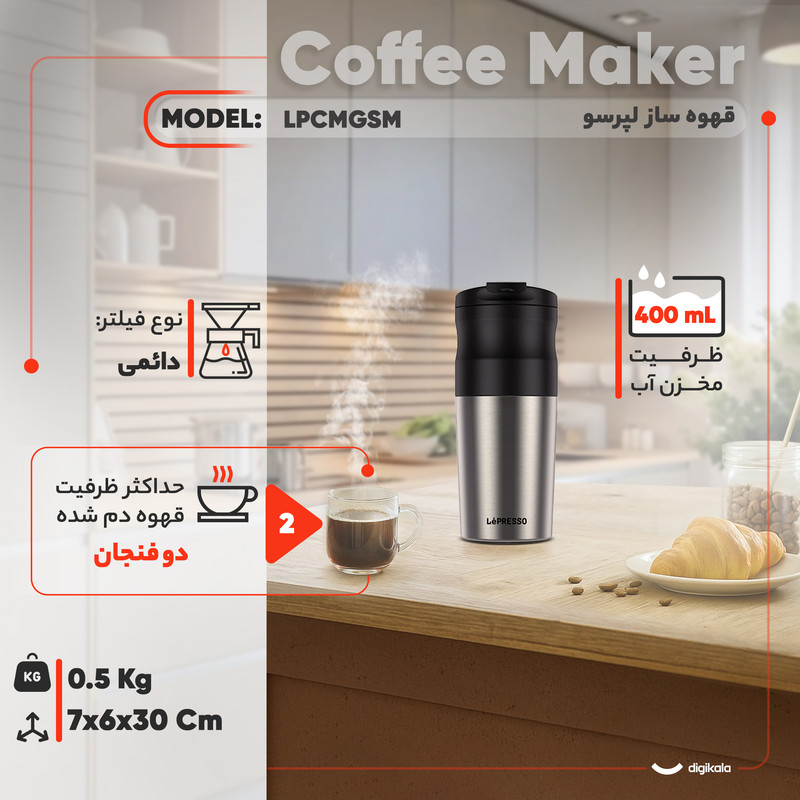 قهوهساز لپرسو مدل LPCMGSM، با فیلتر دائمی، دارای آسیاب قهوه