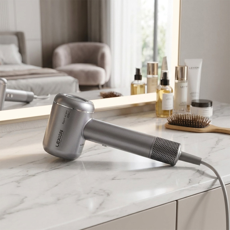 سشوار حرفهای 1600 وات لکسیون مدل Rapid Air Pro HD:1698، موتور BLDC وزن 500 گرم، المنت فلز، دارای سری دیسپانسر، متمرکزکننده پهن با ویژگی صافکنندگی، حجمدهندگی، با قابلیت عملکرد توربو با سرعت 110 هزار در دقیقه