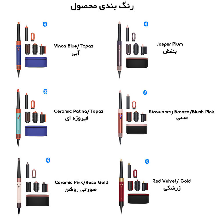 سشوار برسدار حالتدهنده 1300 وات دایسون مدل Airwrap id HS08 Straight+Wavy، موتور BLDC، وزن 630 گرم، دارای سری شانهدار، سری برسدار گرد پهن، کیف نگهدارنده، خشککن ملایم، متمرکزکننده باریک، متمرکزکننده پهن با ویژگی فرکنندگی، صافکنندگی، حجمدهندگی