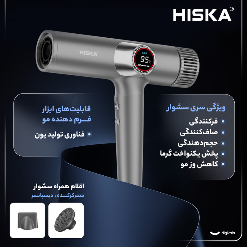 سشوار حرفهای هیسکا مدل H5263 با توان 2000 وات، موتور BLDC پرسرعت، نمایشگر LCD گرد، 9 حالت کاری، فناوری تنظیم دمای هوشمند، تولید 600 میلیون یون منفی، نازل و دیفیوزر مغناطیسی، طول کابل 3 متر