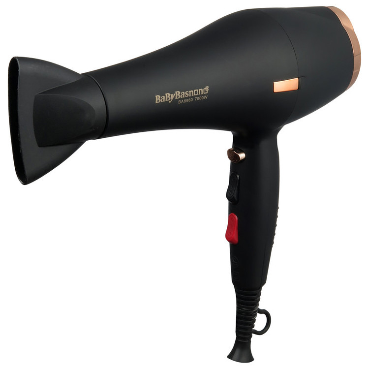 سشوار خانگی 7000 وات بیبی باس نانو مدل BA8960، موتور AC، وزن 700 گرم، دارای سری متمرکزکننده باریک، متمرکزکننده پهن با ویژگی صافکنندگی، حجمدهندگی، با قابلیت باد سرد، فناوری تولید یون