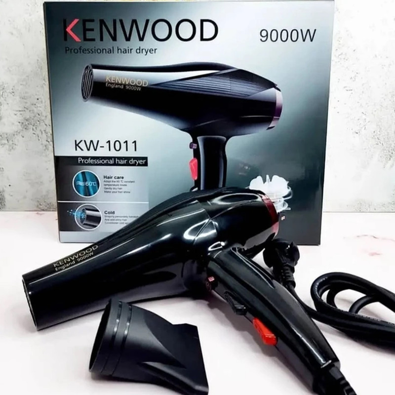 سشوار خانگی 2400 وات کنوود مدل KW-1011، موتور AC، وزن 500 گرم، المنت تیتانیوم، دارای سری متمرکزکننده باریک با ویژگی صافکنندگی، با قابلیت تنظیم دما، باد سرد، سیم گردان