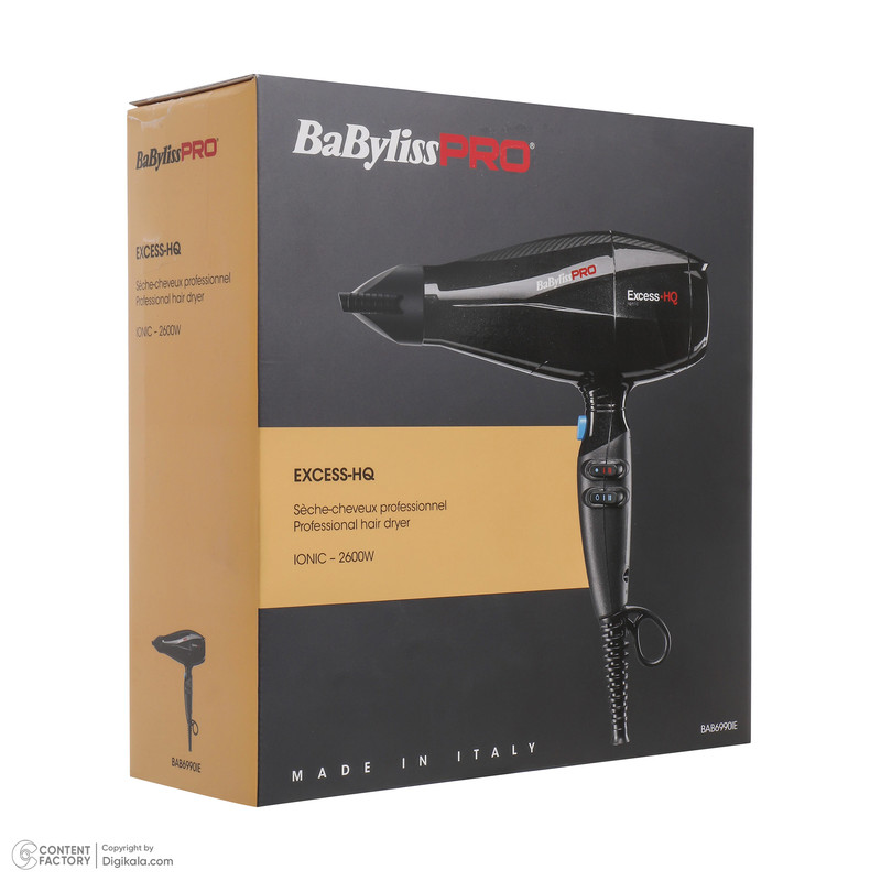 سشوار خانگی 2600 وات بابیلیس پرو مدل BAB6990IE، موتور AC، وزن 555 گرم، دارای سری متمرکزکننده باریک، متمرکزکننده پهن با ویژگی صافکنندگی، حجمدهندگی، با قابلیت باد سرد
