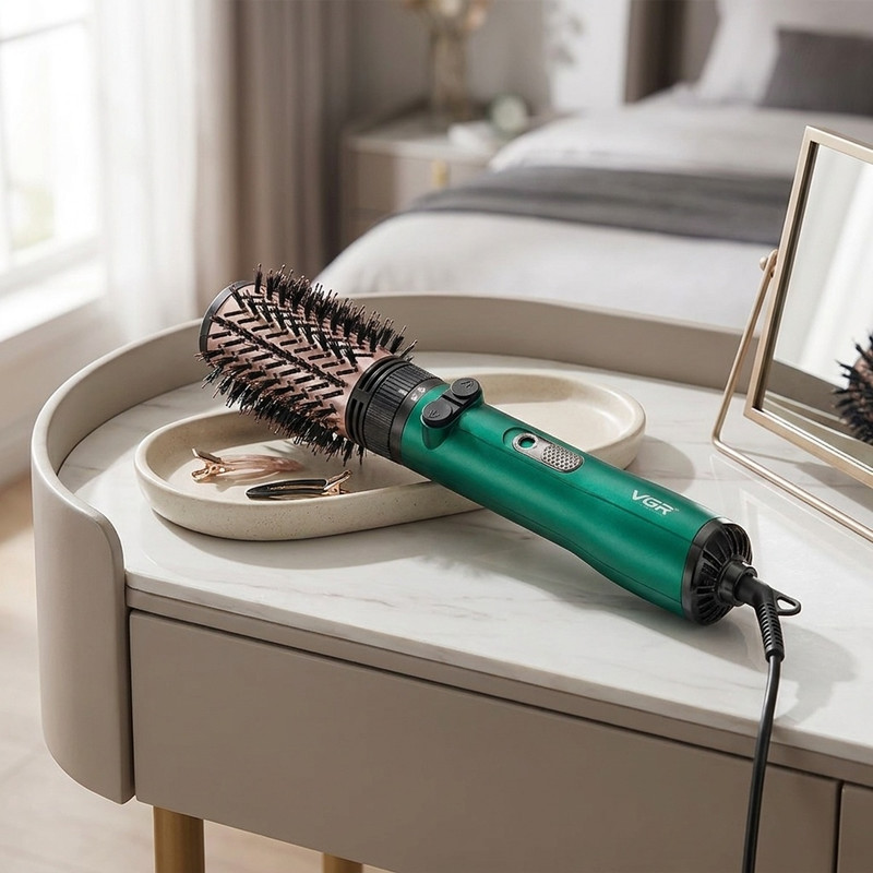 سشوار برسدار چرخشی 1200 وات وی جی ار مدل v-498، موتور DC، وزن 500 گرم، دارای سری برسدار گرد باریک، سری برسدار گرد پهن با ویژگی صافکنندگی، حجمدهندگی، با قابلیت باد سرد، فناوری تولید یون