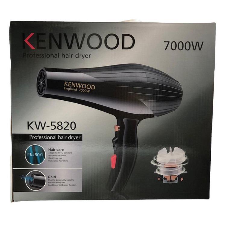 سشوار خانگی 9000 وات کنوود مدل kw-5820، موتور AC، وزن 700 گرم، المنت فلز، دارای سری متمرکزکننده پهن با ویژگی صافکنندگی، حجمدهندگی، با قابلیت باد سرد