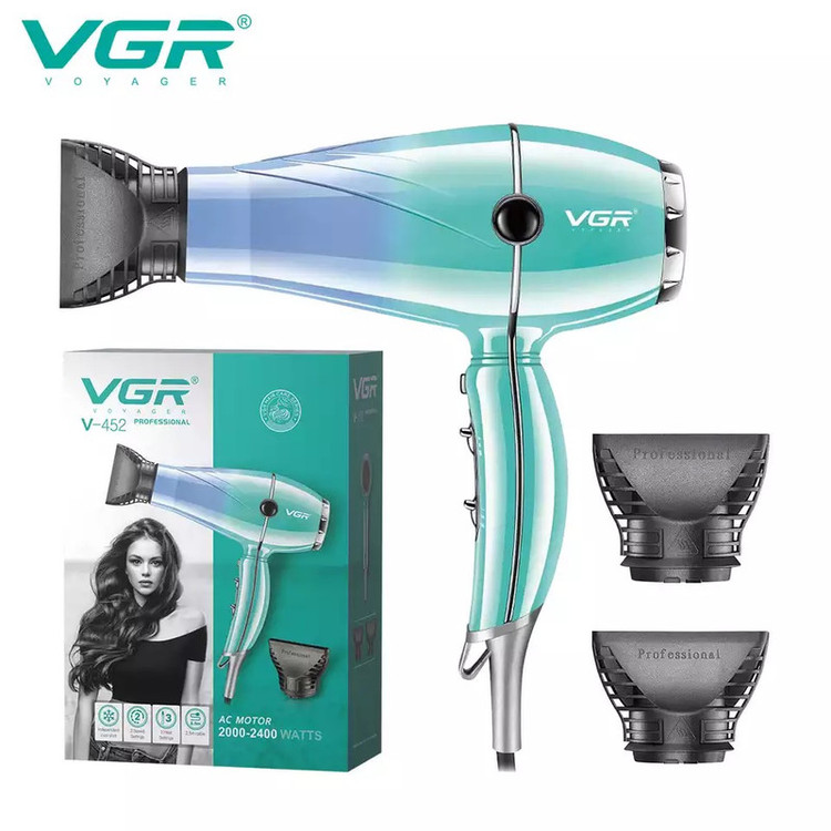 سشوار حرفهای 2000 وات وی جی ار مدل V-452، موتور AC، وزن 900 گرم، دارای سری متمرکزکننده باریک با ویژگی صافکنندگی، حجمدهندگی، با قابلیت باد سرد