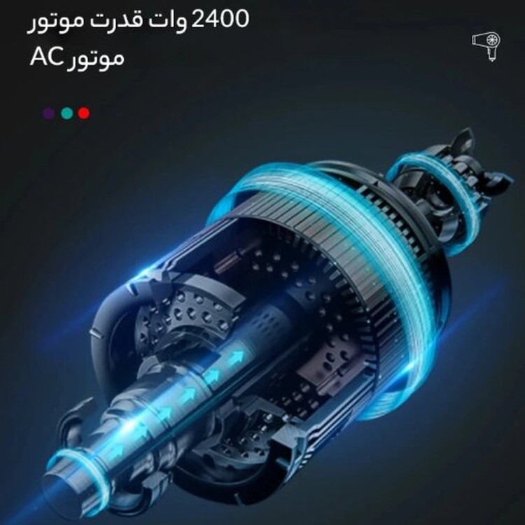 سشوار حرفهای 2000 وات وی جی ار مدل V-452، موتور AC، وزن 900 گرم، دارای سری متمرکزکننده باریک با ویژگی صافکنندگی، حجمدهندگی، با قابلیت باد سرد