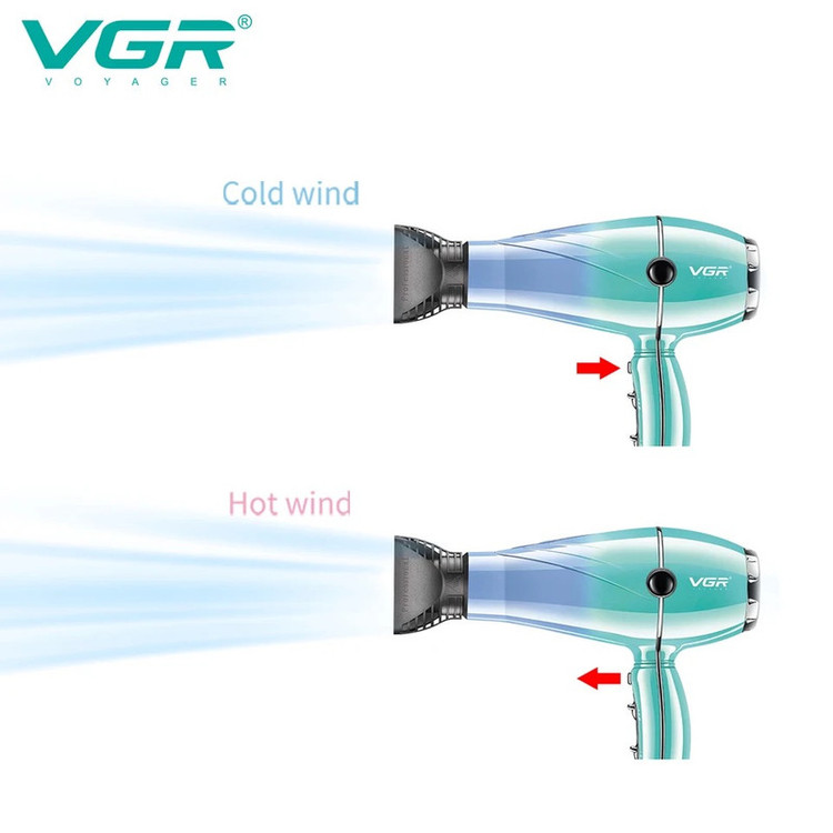 سشوار حرفهای 2000 وات وی جی ار مدل V-452، موتور AC، وزن 900 گرم، دارای سری متمرکزکننده باریک با ویژگی صافکنندگی، حجمدهندگی، با قابلیت باد سرد