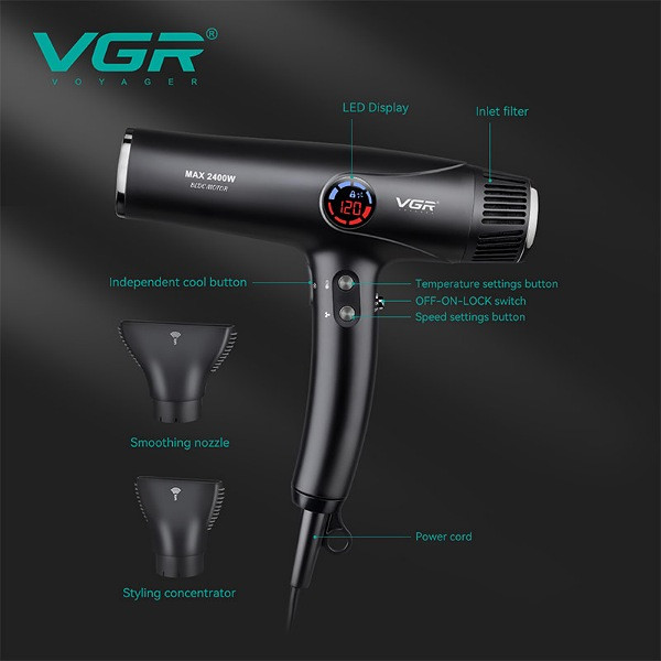 سشوار حرفهای وی جی ار مدل VGR V-469 با توان 2400 وات، موتور BLDC، نمایشگر دیجیتال دما و سرعت، چهار حالت تنظیم دما، سه سرعت، تولید یون منفی، دو نازل متمرکزکننده، هوای سرد فوری و دسته ارگونومیک