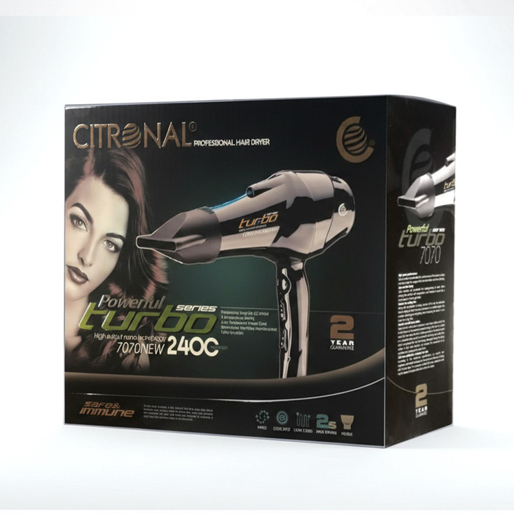 سشوار حرفهای سیترونال مدل 7070 با موتور AC 2400 وات، تنظیم دما در سه حالت، تنظیم سرعت دو سرعته، فناوری ضد الکتریسیته ساکن، کاهش وز مو، همراه با دو سری متمرکزکننده هوا