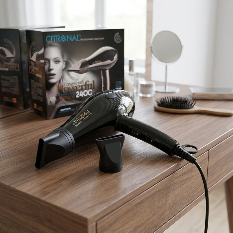 سشوار حرفهای سیترونال مدل 8590 با موتور AC 2400 وات، تنظیم دما در سه حالت، تنظیم سرعت دو سرعته، فناوری ضد الکتریسیته ساکن، همراه با دو سری متمرکزکننده هوا، مناسب استفاده حرفهای و خانگی