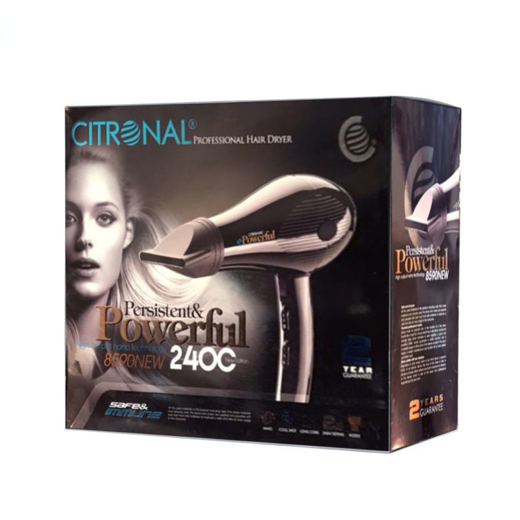 سشوار حرفهای سیترونال مدل 8590 با موتور AC 2400 وات، تنظیم دما در سه حالت، تنظیم سرعت دو سرعته، فناوری ضد الکتریسیته ساکن، همراه با دو سری متمرکزکننده هوا، مناسب استفاده حرفهای و خانگی