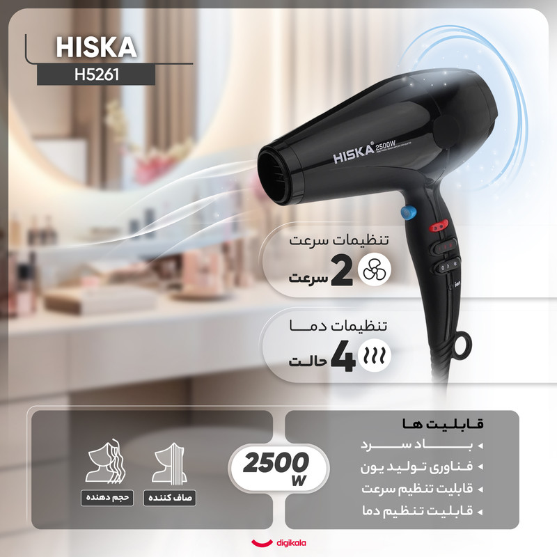 سشوار حرفهای هیسکا مدل H5261 با موتور AC پرقدرت 2500 وات، فناوری تولید یون، دکمه باد سرد، تنظیم دما در چهار حالت، کنترل سرعت دو حالته، وزن 1350 گرم، به همراه دیسپانسر و 2 عدد سری متمرکزکننده