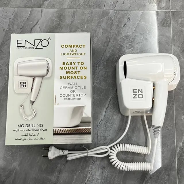 سشوار دیواری خانگی انزو پروفیشینال مدل EN-6005 با موتور AC، توان 1600 وات، تنظیمات دما در سه حالت، تنظیم سرعت در دو سرعته، سری صافکننده و حجمدهنده، وزن 500 گرم