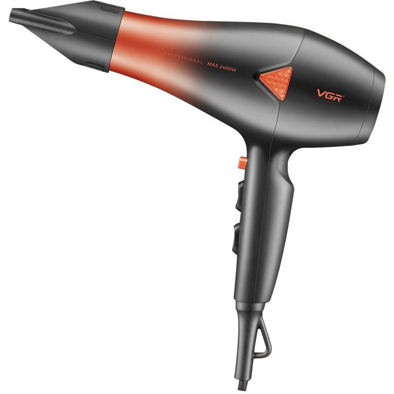 سشوار حرفه‌ای وی جی آر مدل 455 V با توان 2400 وات، موتور AC، تنظیمات دما در سه حالت، تنظیم سرعت در دو حالت، وزن 700 گرم، همراه با متمرکزکننده باریک و پهن، مناسب آرایشگاهی و حالت‌دهی مو