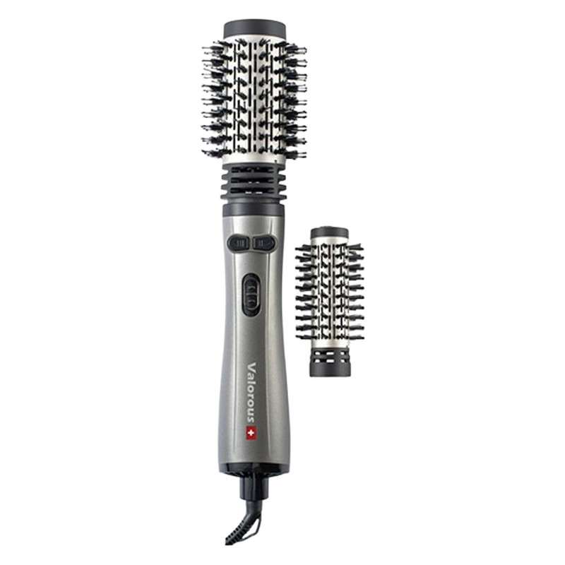 سشوار برسدار چرخشی 1200 وات والوروس مدل VL-507، موتور AC، وزن 950 گرم، المنت سرامیک، دارای سری برسدار گرد باریک، سری برسدار گرد پهن با ویژگی فرکنندگی، صافکنندگی، حجمدهندگی، با قابلیت تنظیم دما