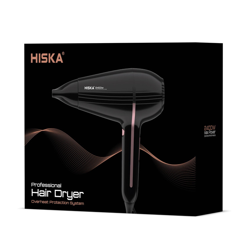 سشوار حرفهای هیسکا مدل H5264 با توان 2400 وات، موتور AC پرسرعت، تکنولوژی یونیزاسیون، تنظیم دما در سه حالت، تنظیم سرعت دوگانه، قابلیت باد سرد واقعی، سری متمرکز کننده هوا و پد ضدلغزش