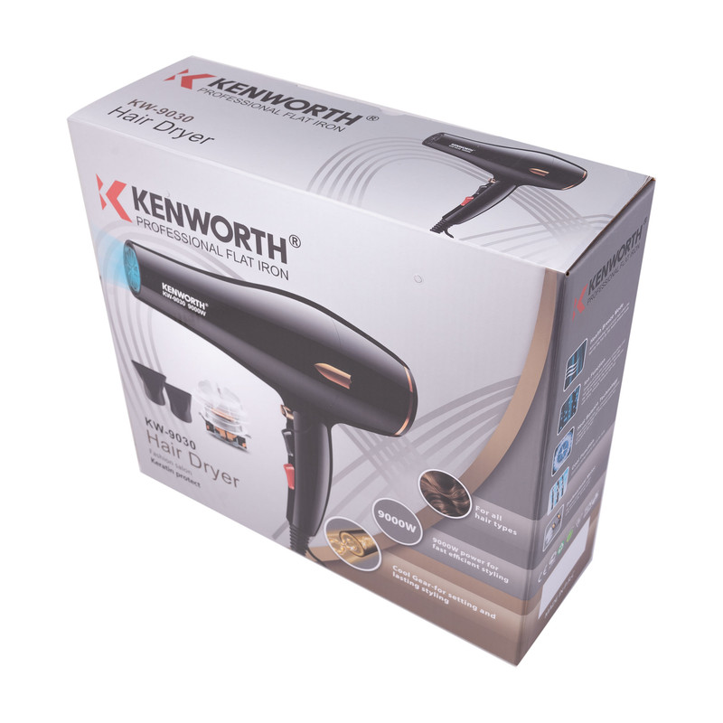 سشوار حرفهای 2400 وات کنورث مدل KW-9030، موتور AC، وزن 1050 گرم، المنت فلز، دارای سری متمرکزکننده باریک، متمرکزکننده پهن با ویژگی صافکنندگی، با قابلیت فناوری تولید یون