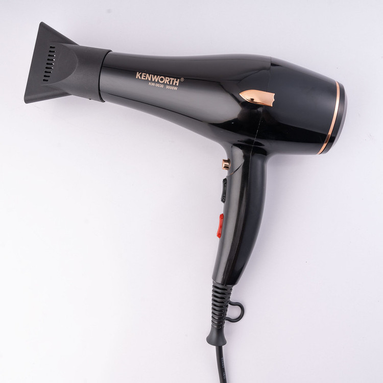 سشوار حرفهای 2400 وات کنورث مدل KW-9030، موتور AC، وزن 1050 گرم، المنت فلز، دارای سری متمرکزکننده باریک، متمرکزکننده پهن با ویژگی صافکنندگی، با قابلیت فناوری تولید یون