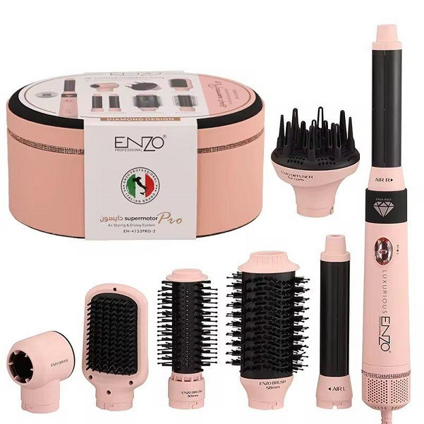 سشوار برس دار حالت دهنده انزو پروفیشینال مدل EN-4133 PRO با توان 1500 وات، موتور DC، تنظیمات دما سه حالته، تنظیم سرعت دو سرعته، فرکنندگی، صافکنندگی، خشککنندگی قوی، حجمدهندگی، همراه با سری شانهدار