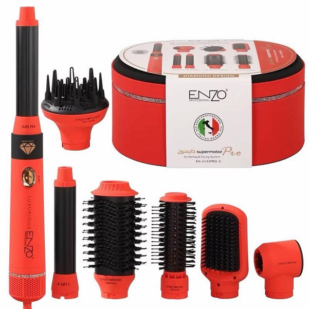 سشوار برس دار حالت دهنده انزو پروفیشینال مدل EN-4133 PRO با توان 1500 وات، موتور DC، تنظیمات دما سه حالته، تنظیم سرعت دو سرعته، فرکنندگی، صافکنندگی، خشککنندگی قوی، حجمدهندگی، همراه با سری شانهدار