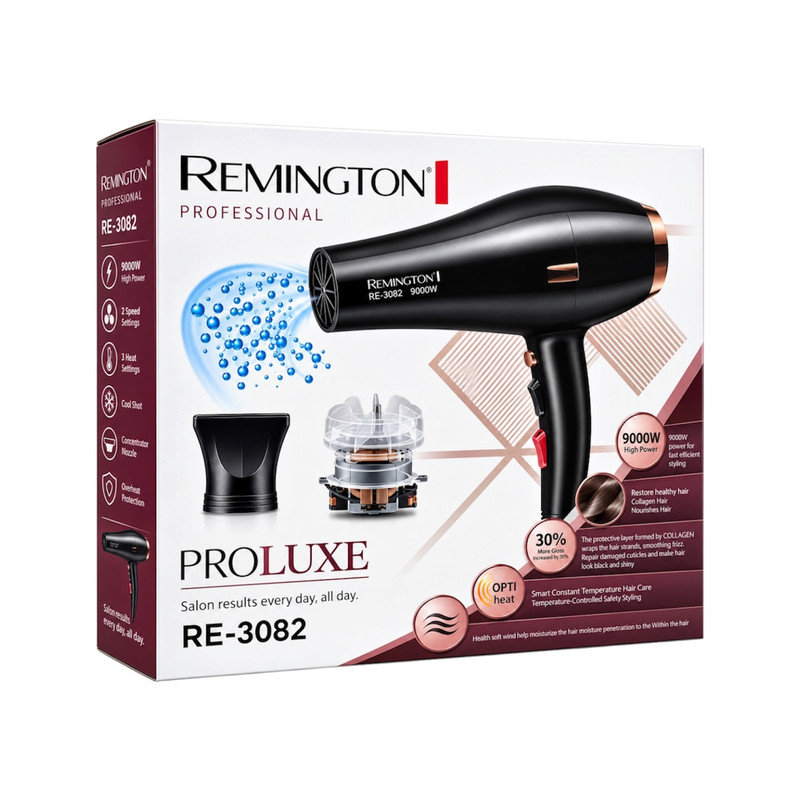 سشوار حرفهای رمینگتون مدل RE-3082 با موتور AC، توان 9000 وات، تنظیم دما در دو حالت، تنظیم سرعت در دو حالت، سری کاهش وز مو و بههمراه متمرکزکننده باریک
