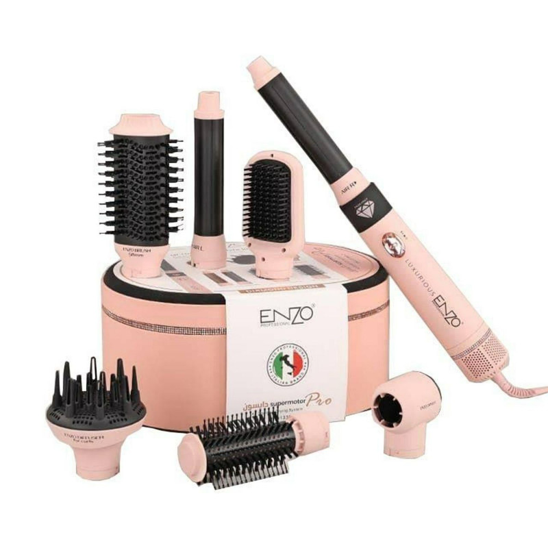 سشوار برسدار حالتدهنده انزو پروفیشینال مدل EN-4133 pro 7in1 با توان 1500 وات، موتور BLDC، فناوری یون منفی، تنظیمات دما و سرعت سه حالته، سریهای قابل تعویض و المنت سرامیکی، مناسب حرفهای و آرایشگاهی