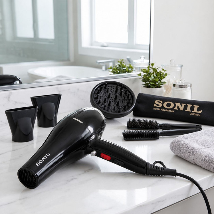 سشوار حرفهای 2600 وات سانیل مدل STP-8803، موتور AC دارای سری متمرکزکننده باریک، متمرکزکننده پهن با ویژگی صافکنندگی، حجمدهندگی، با قابلیت باد سرد