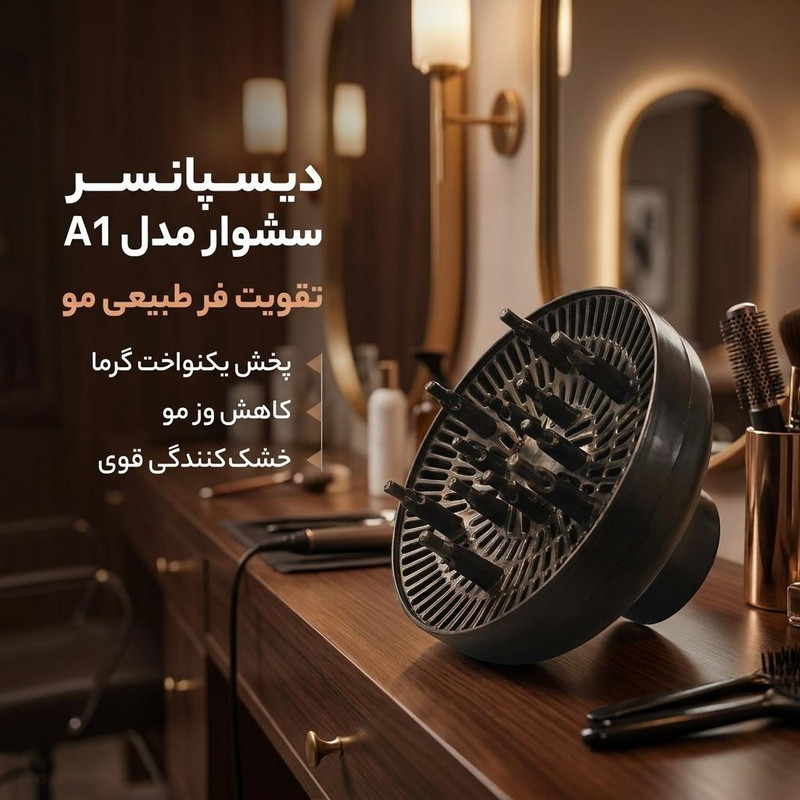 دیسپانسر سشوار حالتدهنده مدل A1 با فرکنندگی، خشککنندگی قوی، حجمدهندگی، کاهش وز مو، تقویت فر طبیعی، مناسب انواع سشوار با قطر دهانه 4.5 سانتیمتر