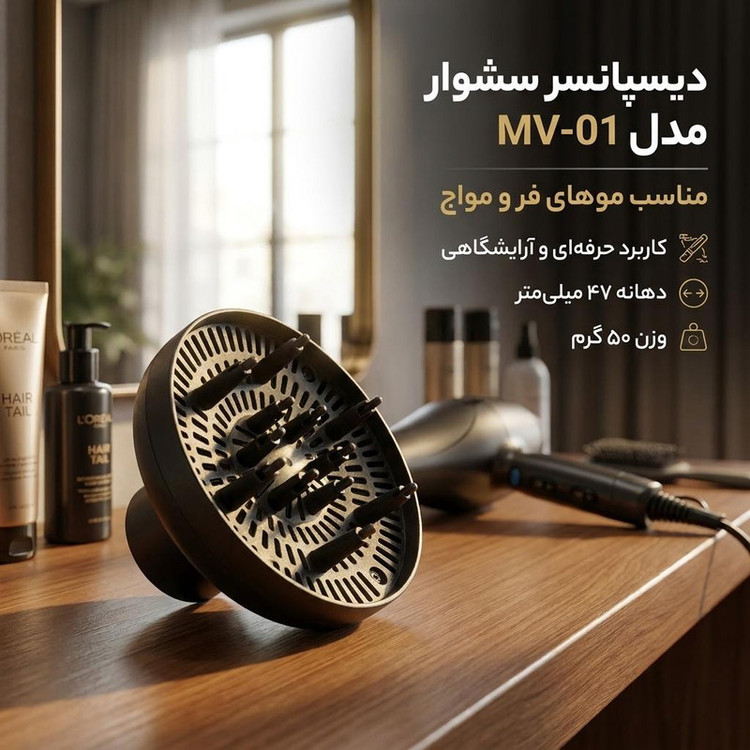 دیسپانسر سشوار مدل MV-01 با دهانه 47 میلیمتر، مناسب موهای فر و مواج، کاربرد حرفهای و آرایشگاهی، وزن 50 گرم