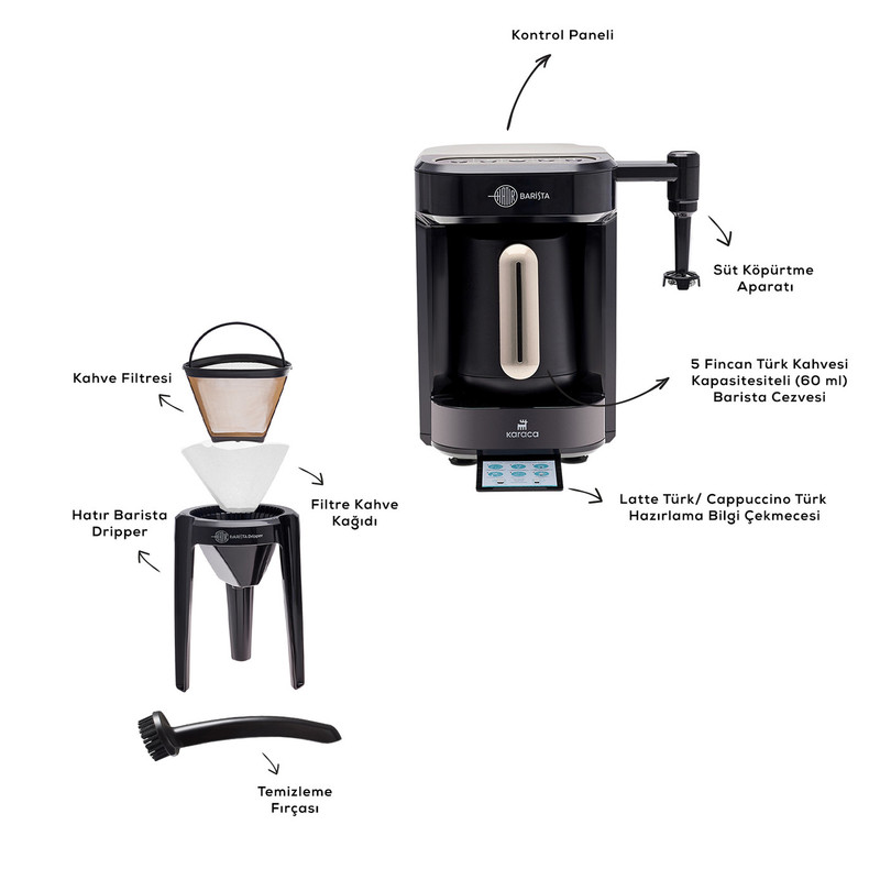 قهوهساز کاراجا مدل Barista Türk، ظرفیت دمآوری پنج فنجان با فیلتر الیافی، دارای کف ساز شیر