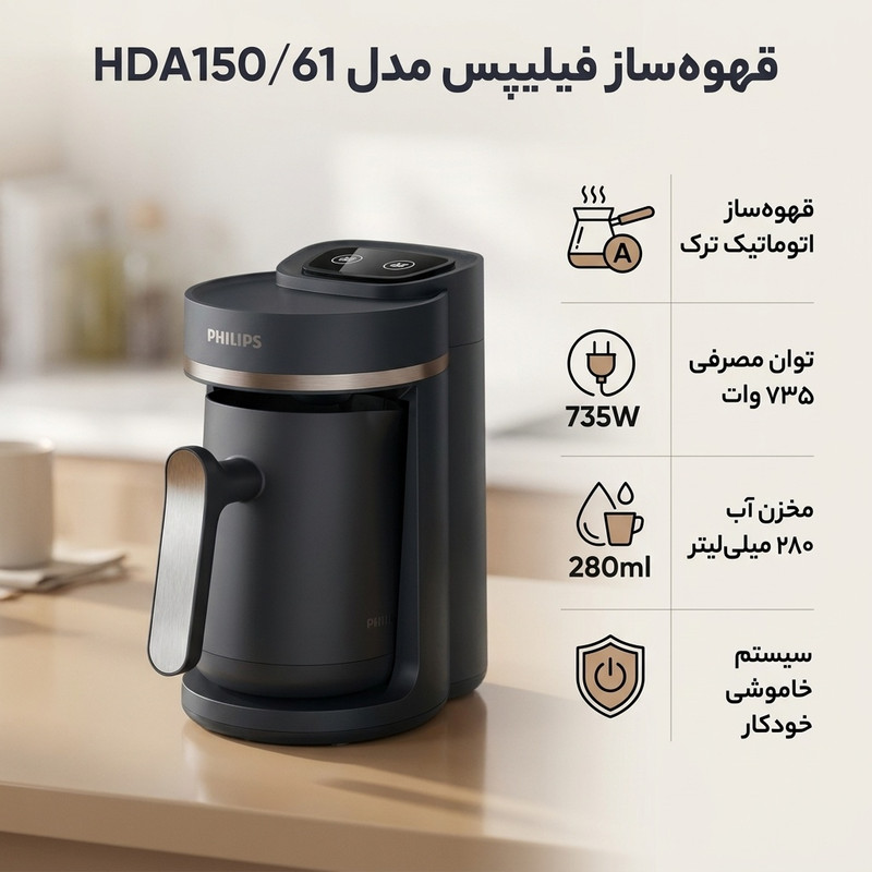 قهوهساز ترک اتوماتیک فیلیپس مدل HDA150/61 با ظرفیت تهیه 1 تا 4 فنجان، خاموشی خودکار، حسگر جلوگیری از سرریز و مخزن آب متحرک 280 میلیلیتری