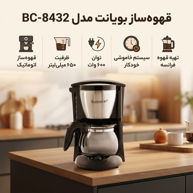قهوهساز برقی اتوماتیک بویانت مدل BC-8432 با توان 600 وات، مخزن آب 650 میلیلیتر و سیستم خاموشی خودکار و محافظت در برابر گرمای بیش از حد