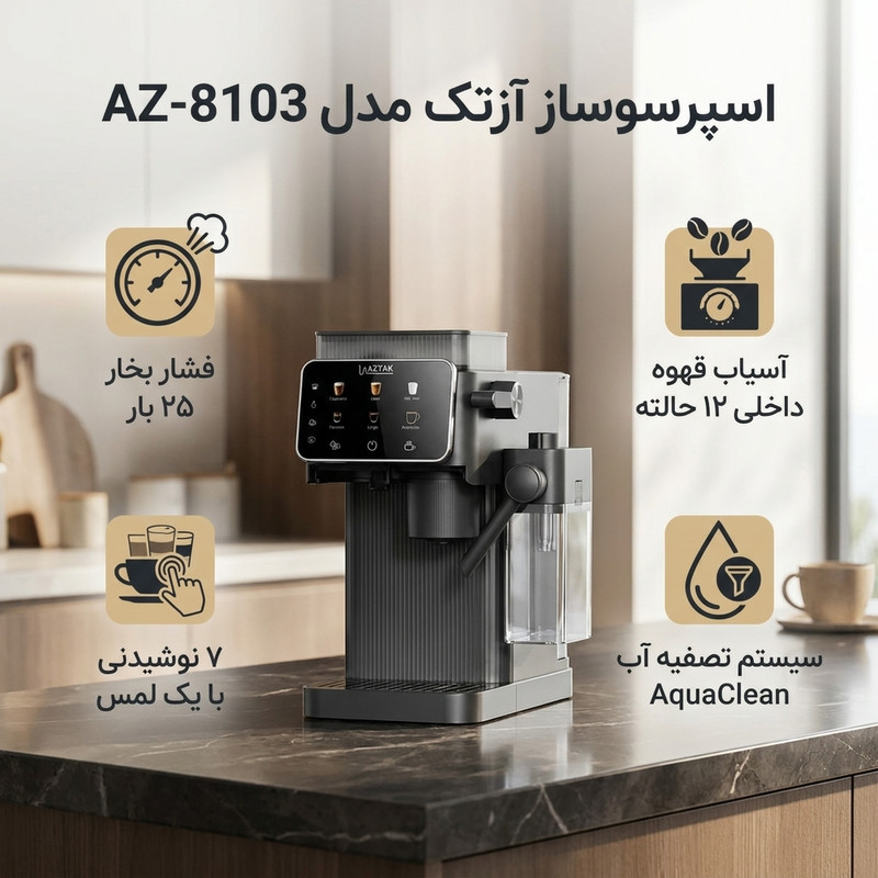 اسپرسوساز تماماتوماتیک نیمهصنعتی 1 لیتری آزتک مدل AZ-8103 با فشار بخار 25 بار، آسیاب 12 مرحلهای و نازل بخار اتوماتیک، دارای نمایشگر لمسی و تمیزکاری خودکار