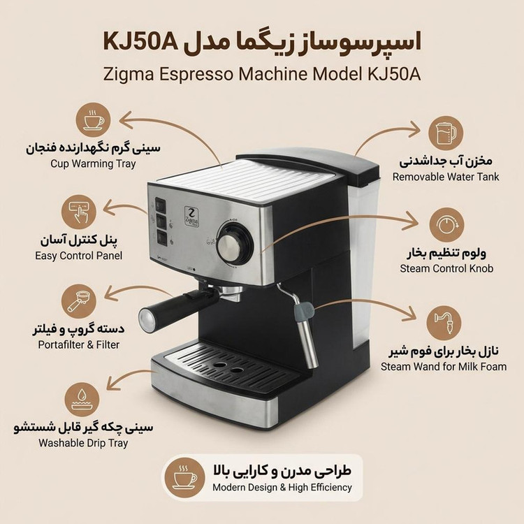 اسپرسوساز 1600 میلیلیتری زیگما مدل KJ50A، با مصرف پودر قهوه، مناسب تهیه اسپرسو و کاپوچینو، دارای 1 عدد نازل قهوه، سیستم تنظیم میزان بخاردهی