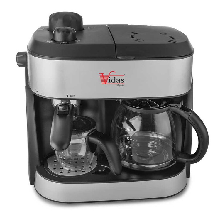 اسپرسوساز 1200 میلیلیتری ویداس مدل VIR-2352، با مصرف پودر قهوه، مناسب تهیه اسپرسو و فرانسه، دارای 1 عدد نازل قهوه، سینی چکهگیر