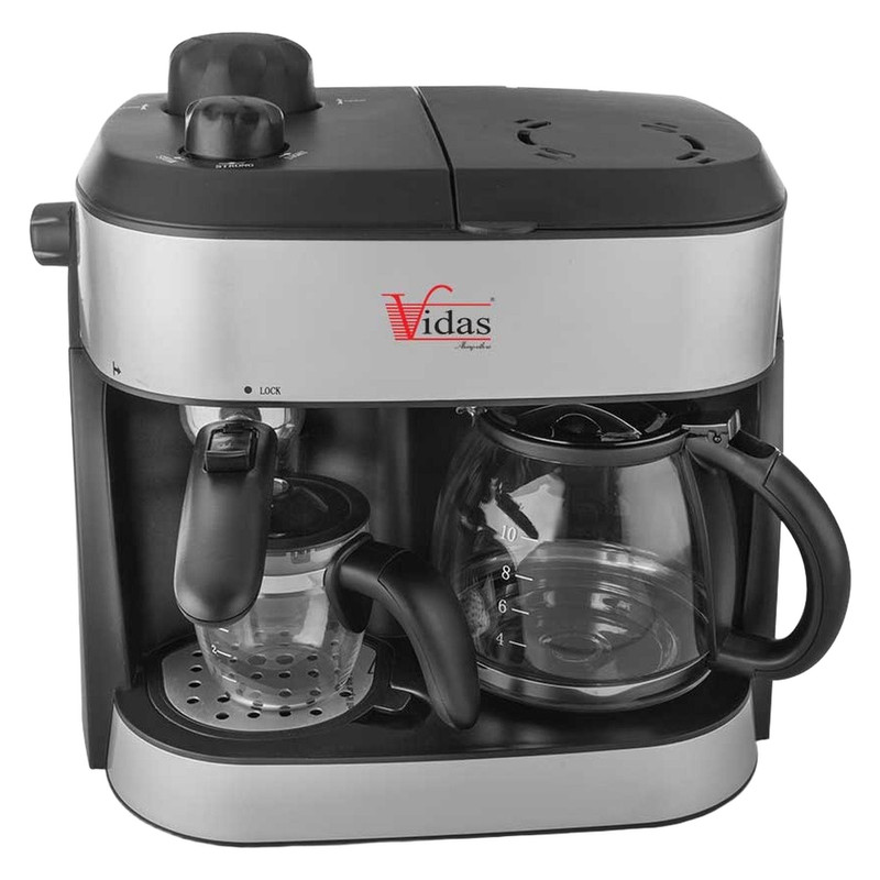 اسپرسوساز 1200 میلیلیتری ویداس مدل VIR-2352، با مصرف پودر قهوه، مناسب تهیه اسپرسو و فرانسه، دارای 1 عدد نازل قهوه، سینی چکهگیر