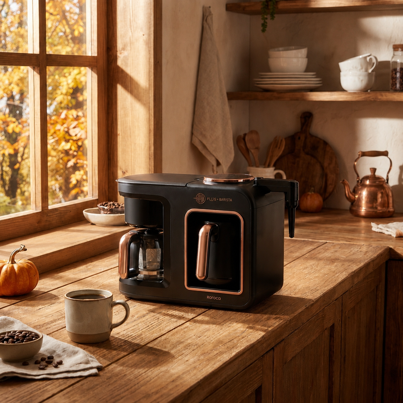 قهوهساز و چایساز نیمهاتوماتیک کاراجا مدل Hatır Plus Barista 6 in 1 با توان 1385 وات، مخزن آب 750 میلیلیتر، قابلیت تهیه قهوه ترک، فرانسه، لاته و کاپوچینو، گرمکردن و فومگیری شیر و هشدار صوتی
