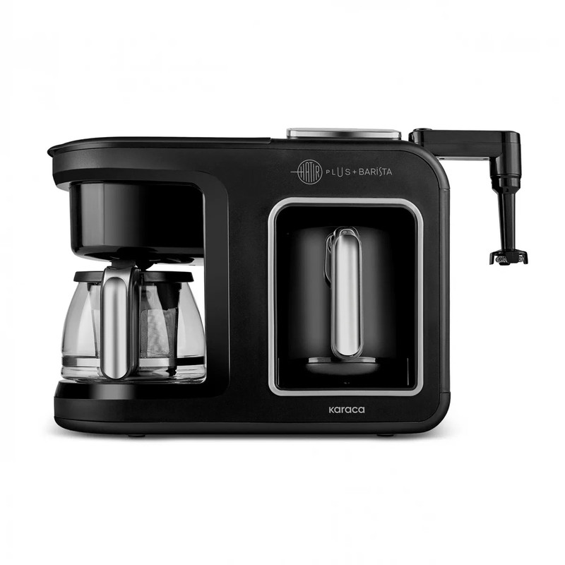 قهوهساز و چایساز نیمهاتوماتیک کاراجا مدل Hatır Plus Barista 6 in 1 با توان 1385 وات، مخزن آب 750 میلیلیتر، قابلیت تهیه قهوه ترک، فرانسه، لاته و کاپوچینو، گرمکردن و فومگیری شیر و هشدار صوتی