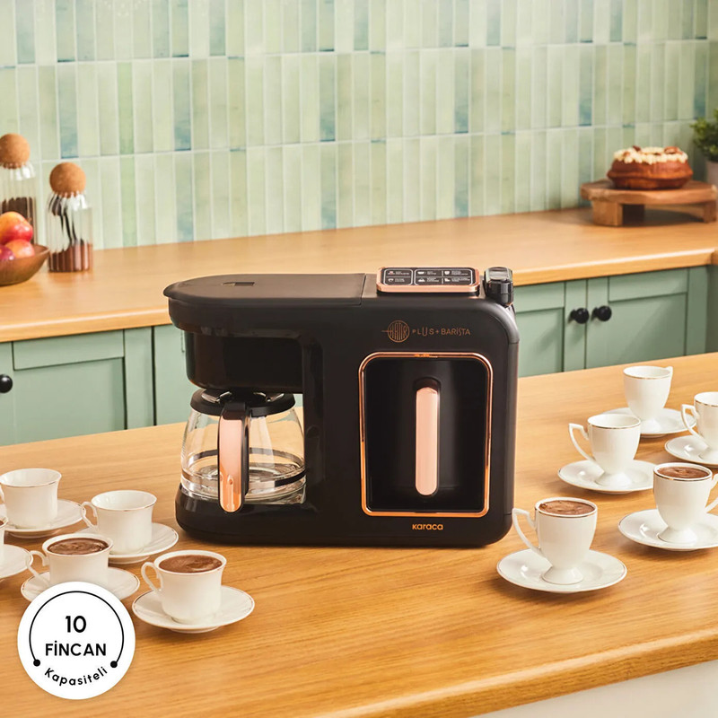 قهوهساز و چایساز نیمهاتوماتیک کاراجا مدل Hatır Plus Barista 6 in 1 با توان 1385 وات، مخزن آب 750 میلیلیتر، قابلیت تهیه قهوه ترک، فرانسه، لاته و کاپوچینو، گرمکردن و فومگیری شیر و هشدار صوتی