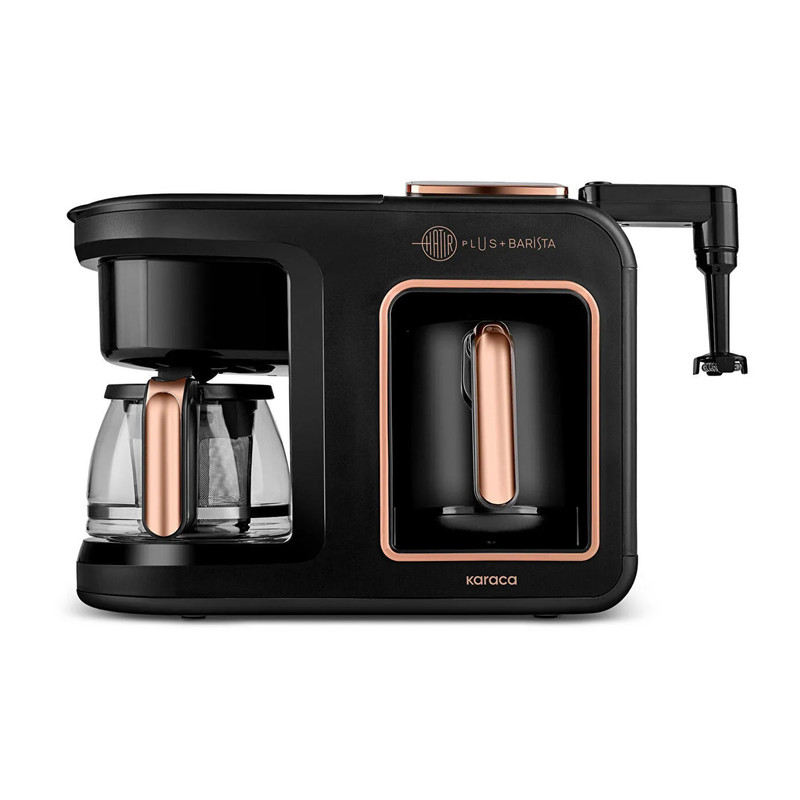 قهوهساز و چایساز نیمهاتوماتیک کاراجا مدل Hatır Plus Barista 6 in 1 با توان 1385 وات، مخزن آب 750 میلیلیتر، قابلیت تهیه قهوه ترک، فرانسه، لاته و کاپوچینو، گرمکردن و فومگیری شیر و هشدار صوتی