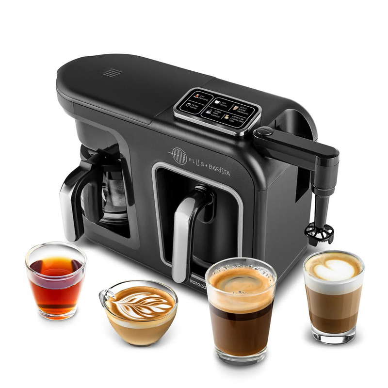 قهوهساز و چایساز نیمهاتوماتیک کاراجا مدل Hatır Plus Barista 6 in 1 با توان 1385 وات، مخزن آب 750 میلیلیتر، قابلیت تهیه قهوه ترک، فرانسه، لاته و کاپوچینو، گرمکردن و فومگیری شیر و هشدار صوتی