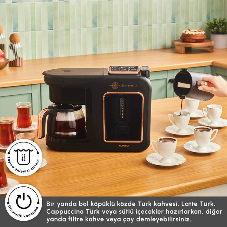 قهوهساز و چایساز نیمهاتوماتیک کاراجا مدل Hatır Plus Barista 6 in 1 با توان 1385 وات، مخزن آب 750 میلیلیتر، قابلیت تهیه قهوه ترک، فرانسه، لاته و کاپوچینو، گرمکردن و فومگیری شیر و هشدار صوتی