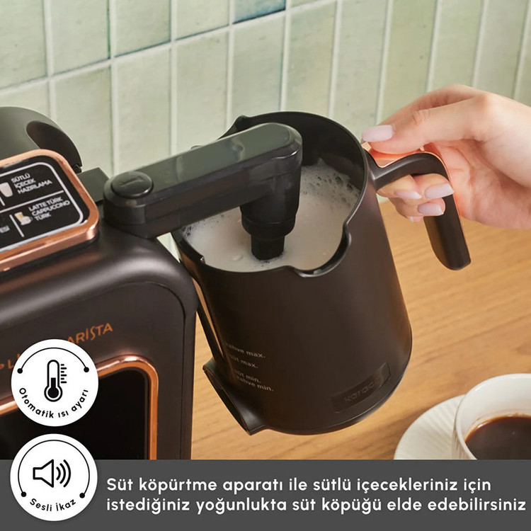 قهوهساز و چایساز نیمهاتوماتیک کاراجا مدل Hatır Plus Barista 6 in 1 با توان 1385 وات، مخزن آب 750 میلیلیتر، قابلیت تهیه قهوه ترک، فرانسه، لاته و کاپوچینو، گرمکردن و فومگیری شیر و هشدار صوتی