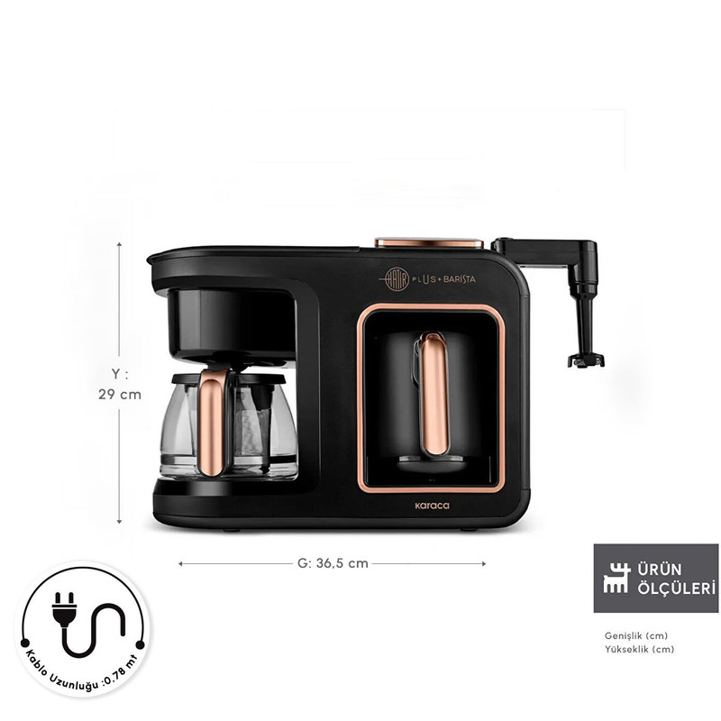قهوهساز و چایساز نیمهاتوماتیک کاراجا مدل Hatır Plus Barista 6 in 1 با توان 1385 وات، مخزن آب 750 میلیلیتر، قابلیت تهیه قهوه ترک، فرانسه، لاته و کاپوچینو، گرمکردن و فومگیری شیر و هشدار صوتی